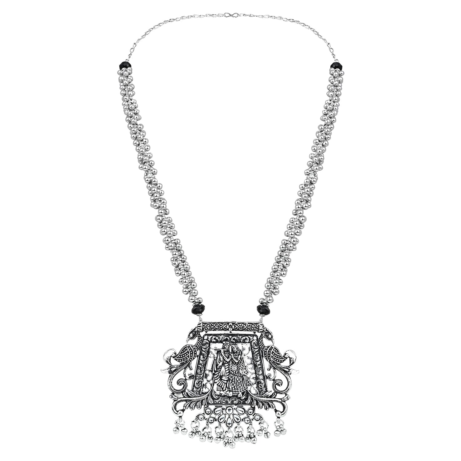 Navratri Ethnic Silver Oxidised Radha Krisha Long Necklace Jewellery With Jhumka Earrings Set For Women/Girls - Wahe Jewels - Swadesiicart
