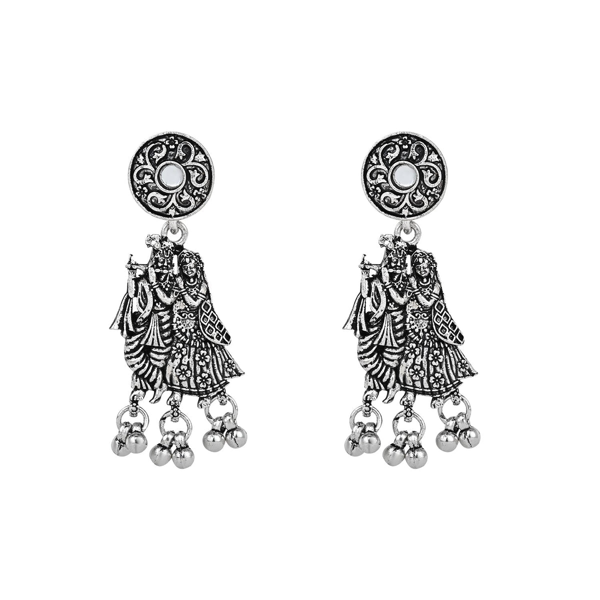 Navratri Ethnic Silver Oxidised Radha Krisha Long Necklace Jewellery With Jhumka Earrings Set For Women/Girls - Wahe Jewels - Swadesiicart