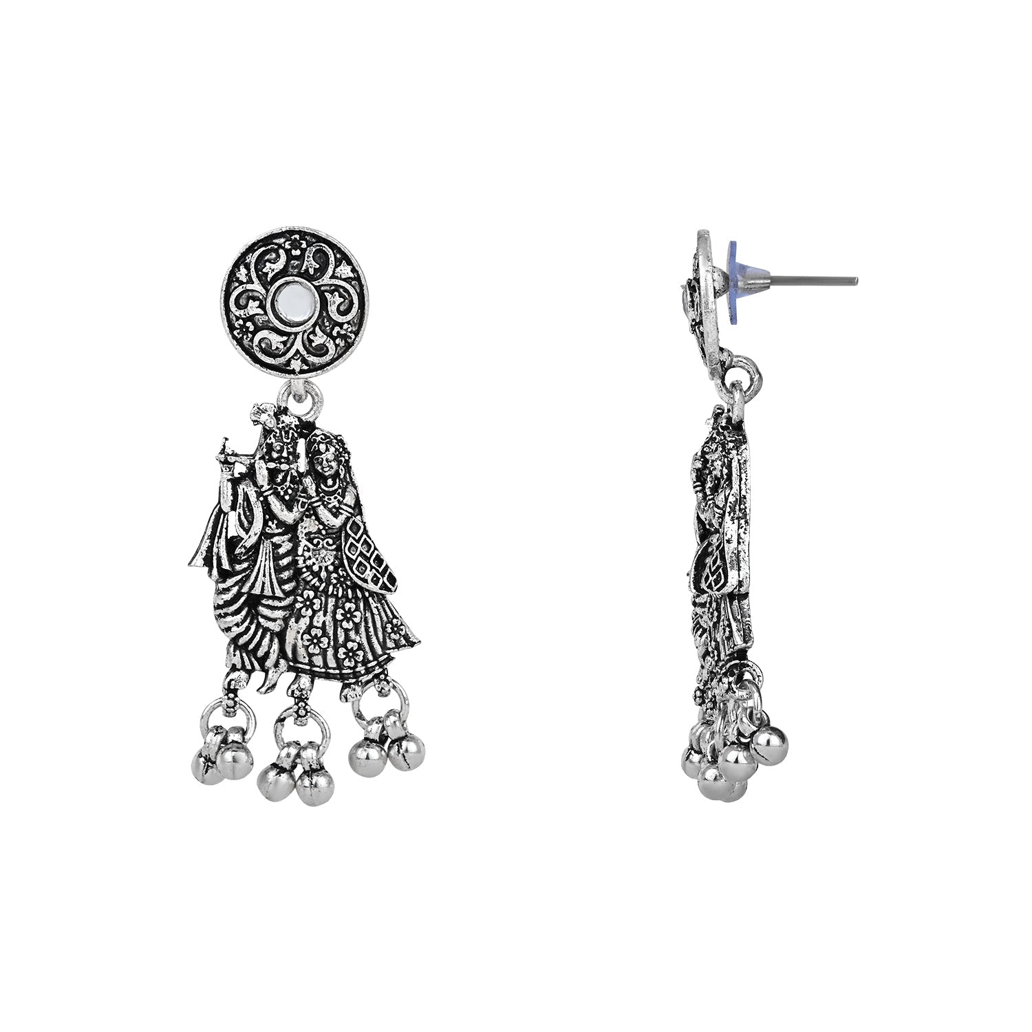Navratri Ethnic Silver Oxidised Radha Krisha Long Necklace Jewellery With Jhumka Earrings Set For Women/Girls - Wahe Jewels - Swadesiicart