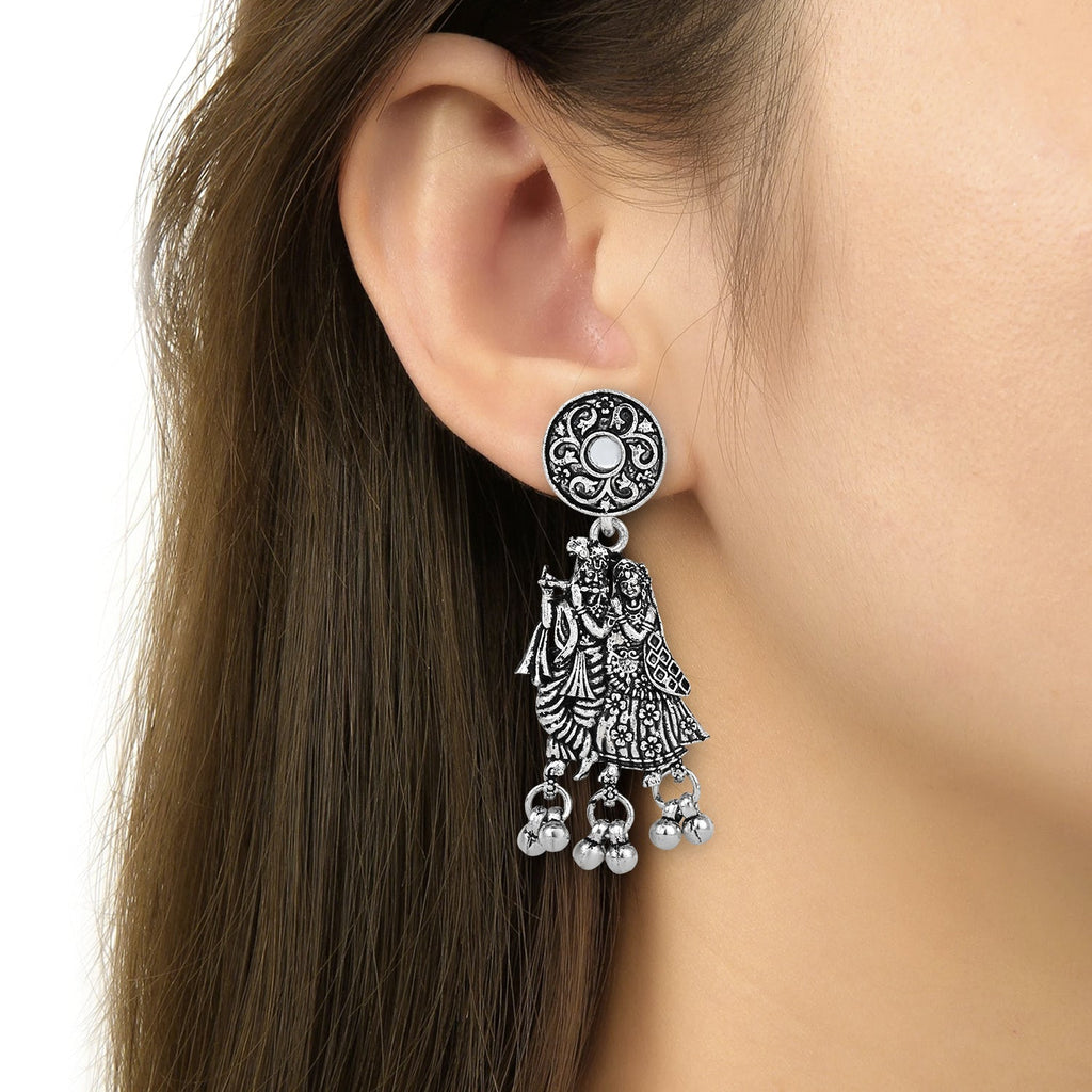 Navratri Ethnic Silver Oxidised Radha Krisha Long Necklace Jewellery With Jhumka Earrings Set For Women/Girls - Wahe Jewels - Swadesiicart