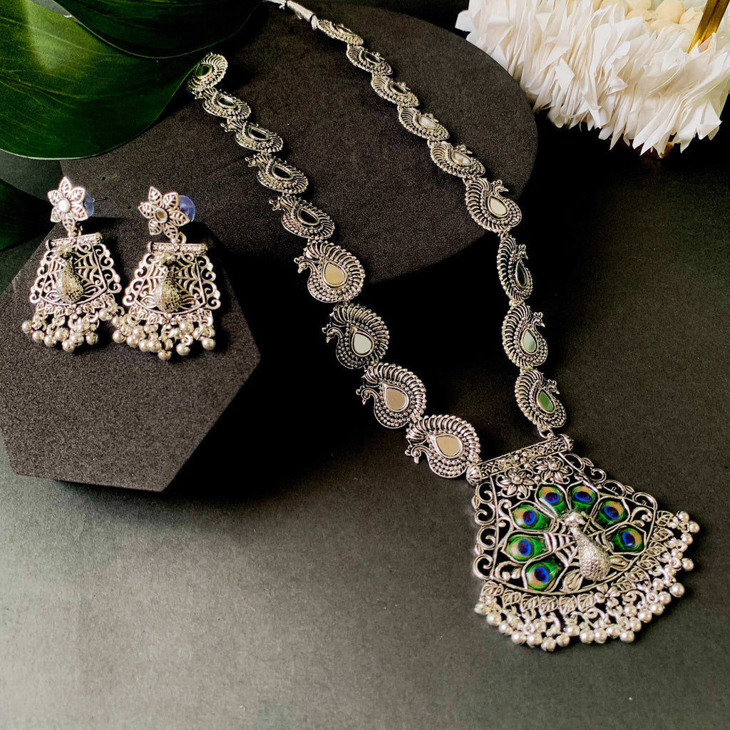 Navratri Ethnic Silver Oxidised Ghungroo Long Necklace Jewellery With Jhumka Earrings Set For Women/Girls - Wahe Jewels - Swadesiicart