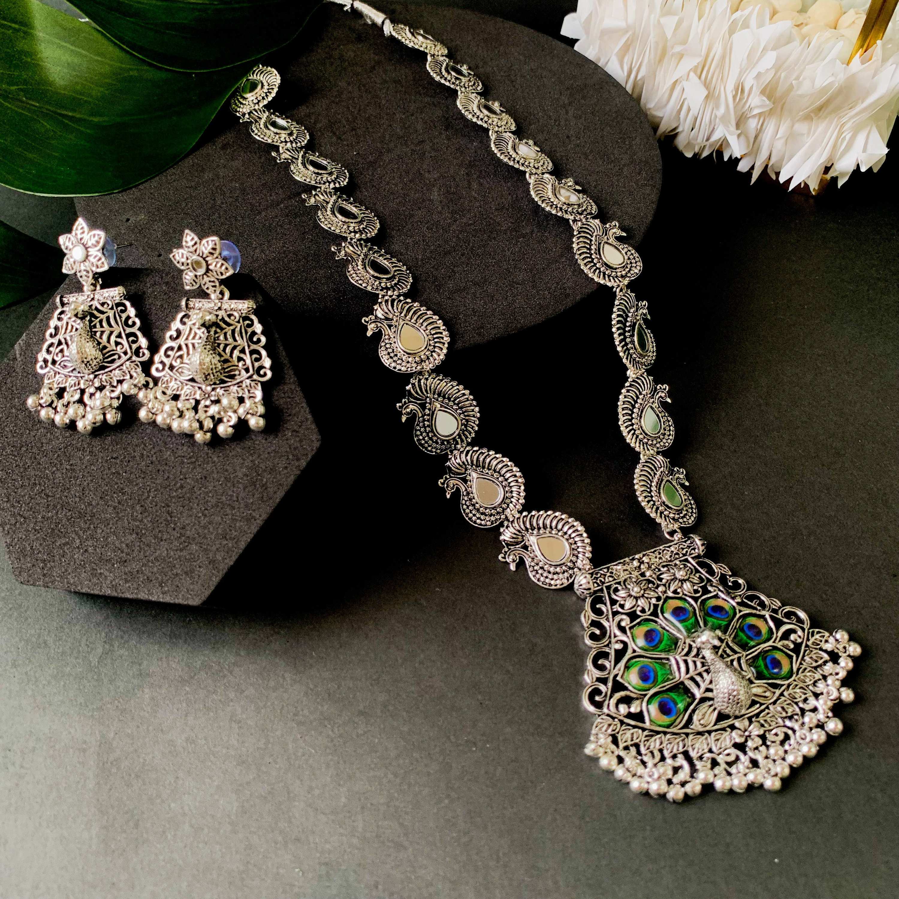 Navratri Ethnic Silver Oxidised Ghungroo Long Necklace Jewellery With Jhumka Earrings Set For Women/Girls - Wahe Jewels - Swadesiicart