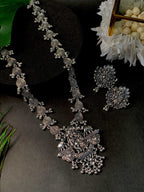Navratri Ethnic Stylish Silver Oxidised Radha Krishna Design Long Necklace Jewellery Set for Women And Girls - Wahe Jewels - Swadesiicart