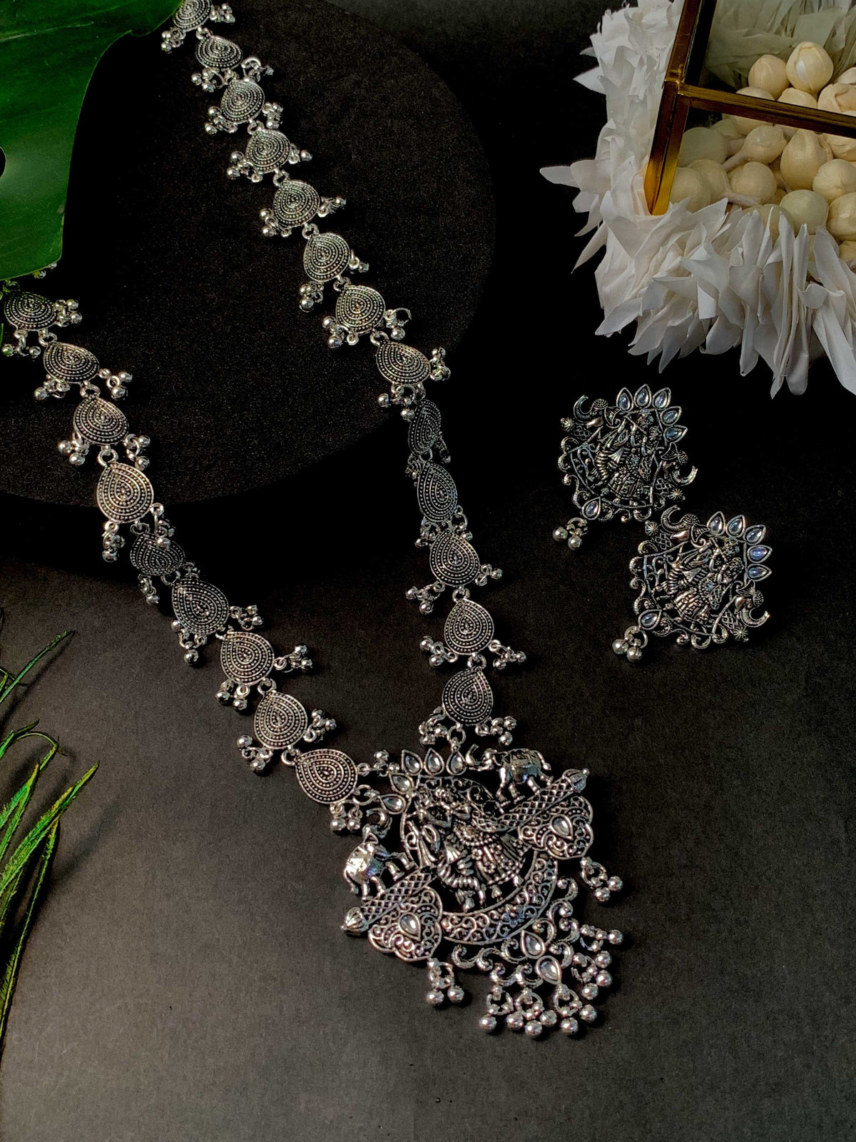 Navratri Ethnic Stylish Silver Oxidised Radha Krishna Design Long Necklace Jewellery Set for Women And Girls - Wahe Jewels - Swadesiicart