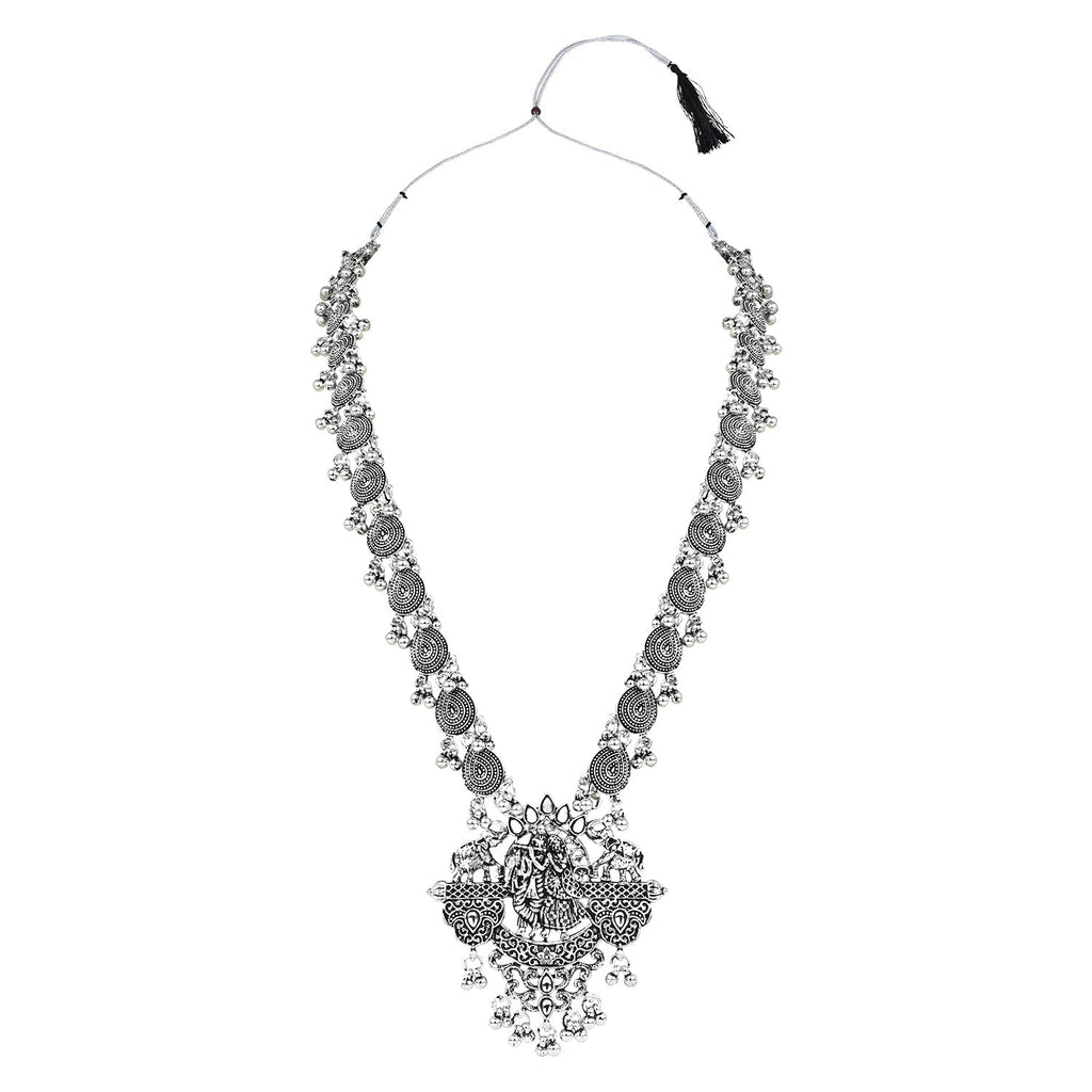 Navratri Ethnic Stylish Silver Oxidised Radha Krishna Design Long Necklace Jewellery Set for Women And Girls - Wahe Jewels - Swadesiicart