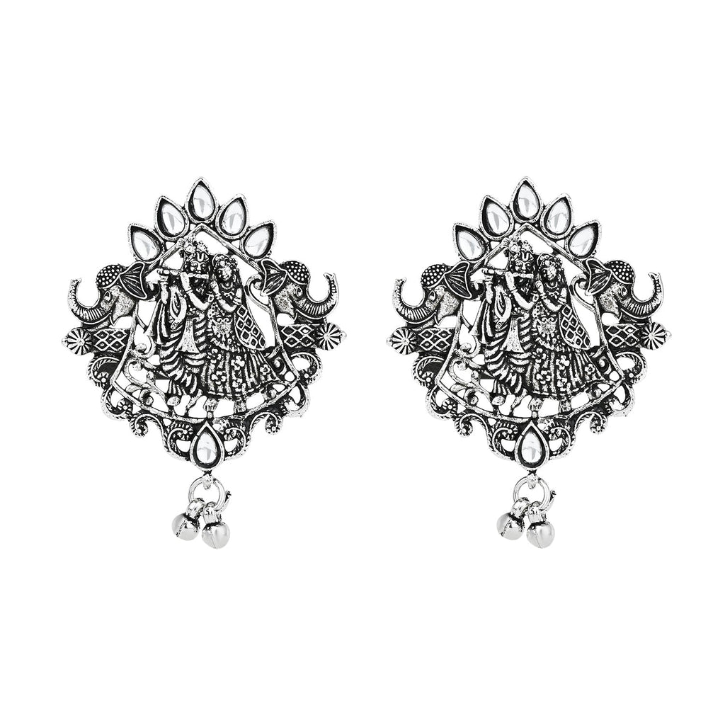 Navratri Ethnic Stylish Silver Oxidised Radha Krishna Design Long Necklace Jewellery Set for Women And Girls - Wahe Jewels - Swadesiicart