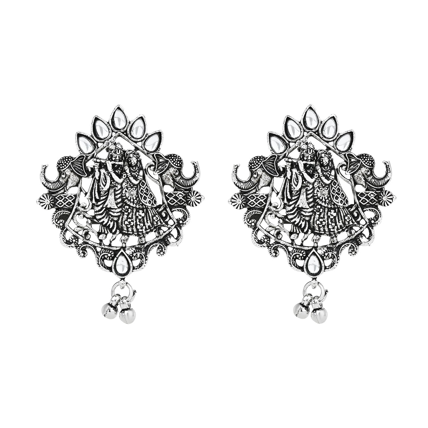 Navratri Ethnic Stylish Silver Oxidised Radha Krishna Design Long Necklace Jewellery Set for Women And Girls - Wahe Jewels - Swadesiicart