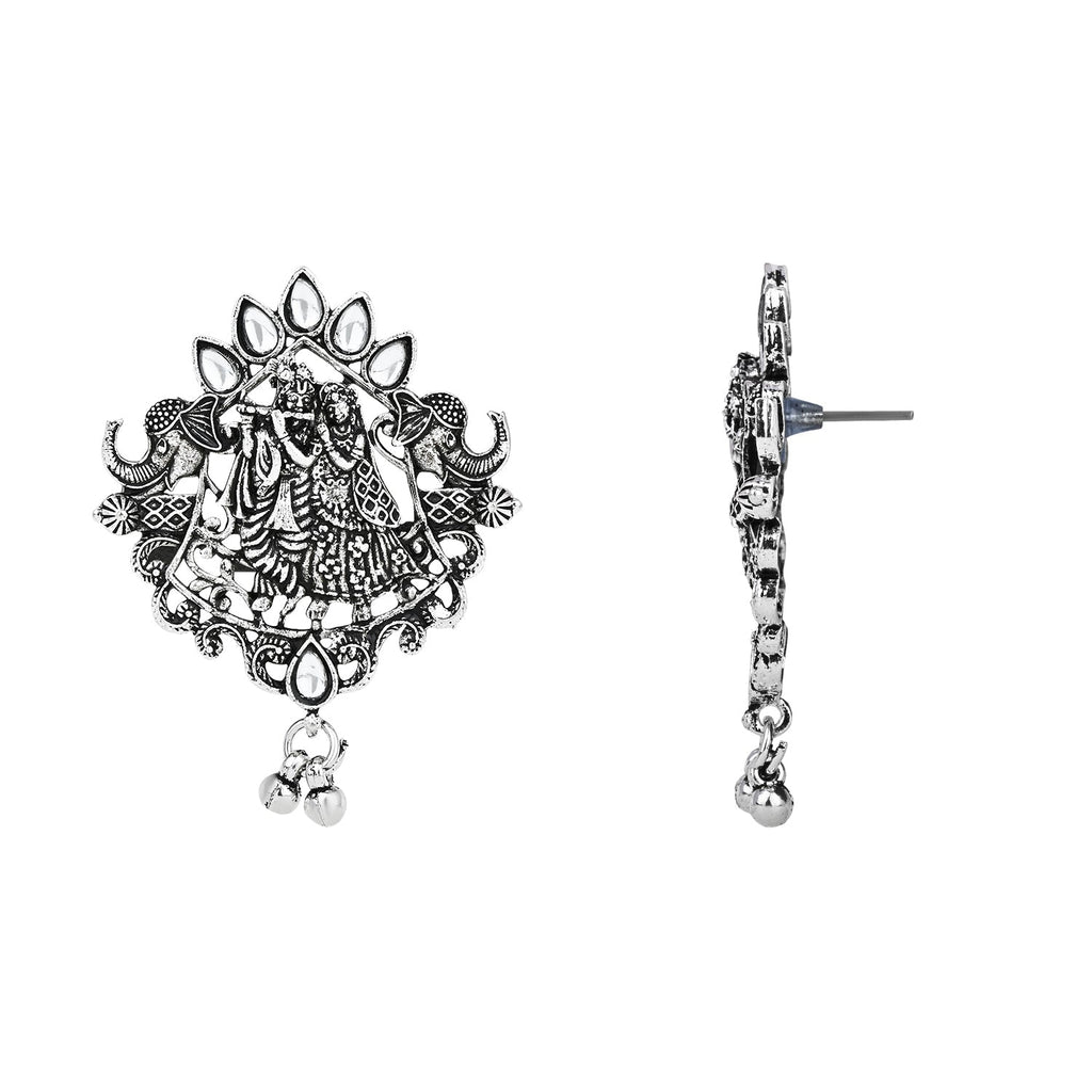 Navratri Ethnic Stylish Silver Oxidised Radha Krishna Design Long Necklace Jewellery Set for Women And Girls - Wahe Jewels - Swadesiicart