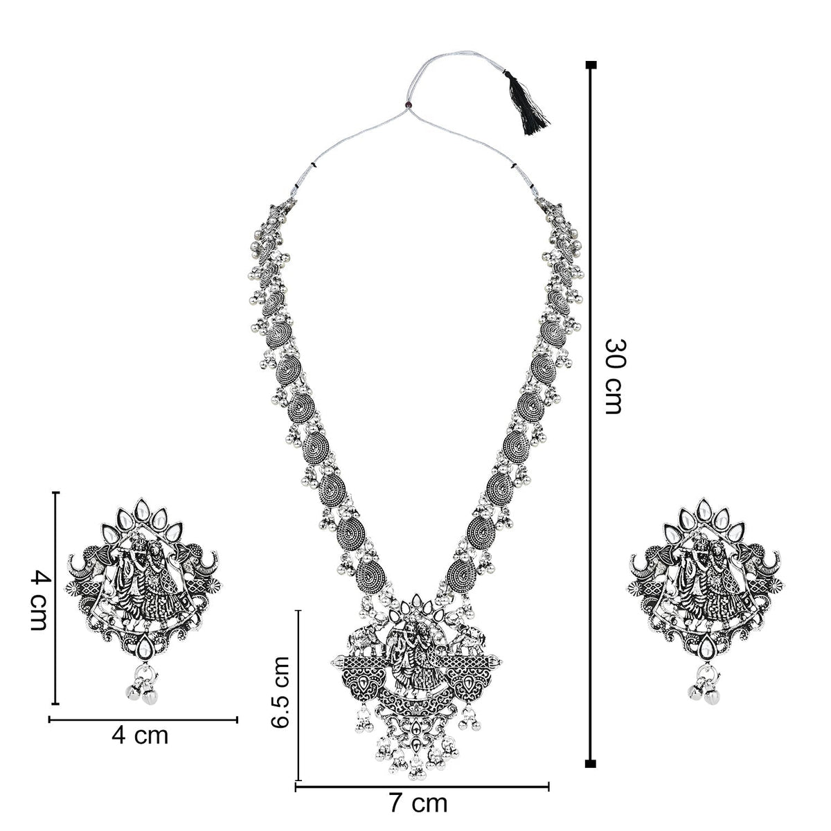Navratri Ethnic Stylish Silver Oxidised Radha Krishna Design Long Necklace Jewellery Set for Women And Girls - Wahe Jewels - Swadesiicart