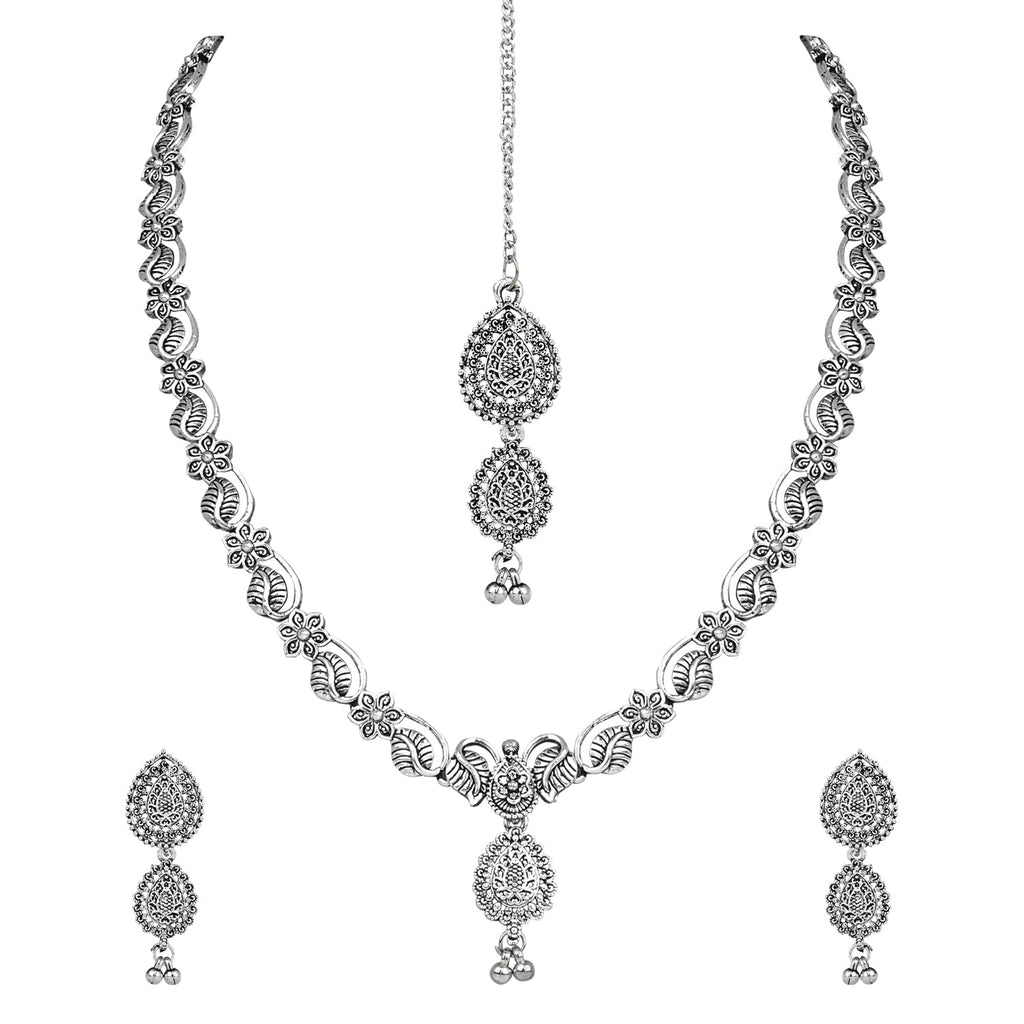 Navratri Ethnic Silver Oxidised Floral Design Ghungroo Long Necklace Jewellery With Jhumka Earrings Set For Women/Girls - Wahe Jewels - Swadesiicart