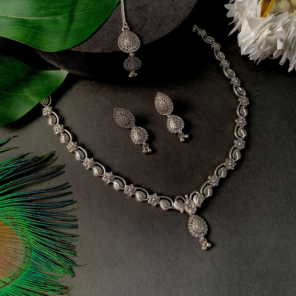 Navratri Ethnic Silver Oxidised Floral Design Ghungroo Long Necklace Jewellery With Jhumka Earrings Set For Women/Girls - Wahe Jewels - Swadesiicart