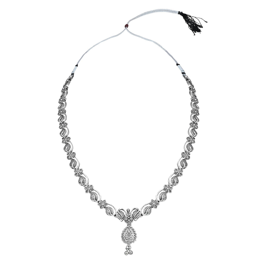 Navratri Ethnic Silver Oxidised Floral Design Ghungroo Long Necklace Jewellery With Jhumka Earrings Set For Women/Girls - Wahe Jewels - Swadesiicart