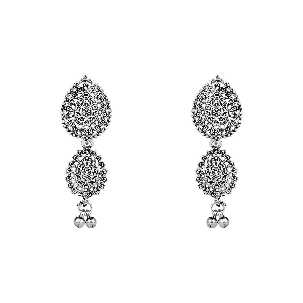 Navratri Ethnic Silver Oxidised Floral Design Ghungroo Long Necklace Jewellery With Jhumka Earrings Set For Women/Girls - Wahe Jewels - Swadesiicart