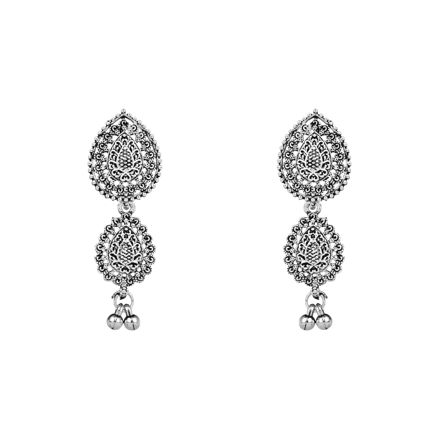 Navratri Ethnic Silver Oxidised Floral Design Ghungroo Long Necklace Jewellery With Jhumka Earrings Set For Women/Girls - Wahe Jewels - Swadesiicart