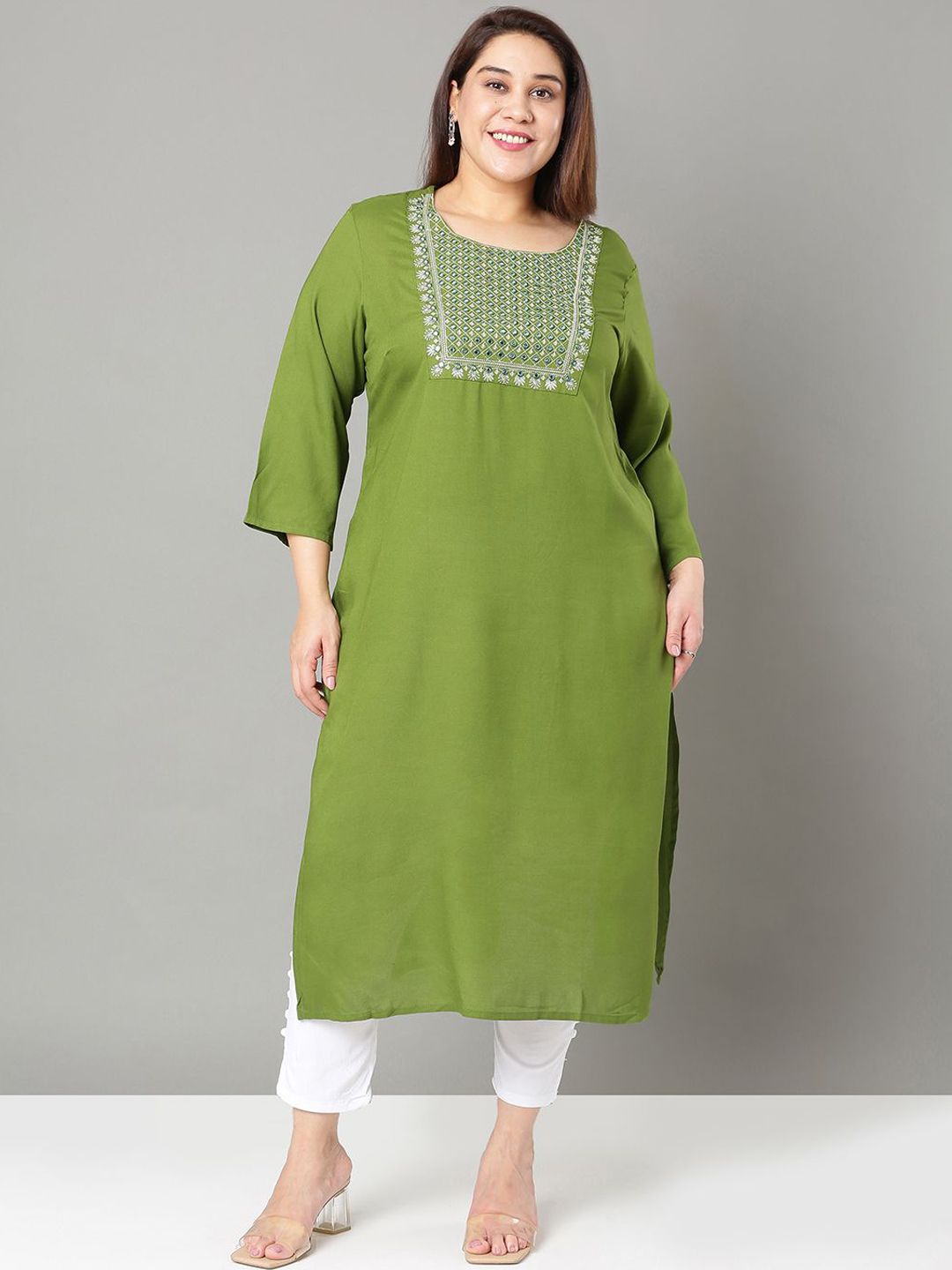 Sztori Plus Size Floral Yoke Design Mirror Work Straight Kurta | Grocsy