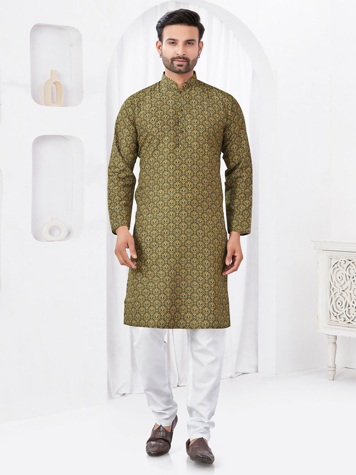 Joban Fashion Men's Rayon Cotton Olive Printed Kurta Pyjama set | Grocsy