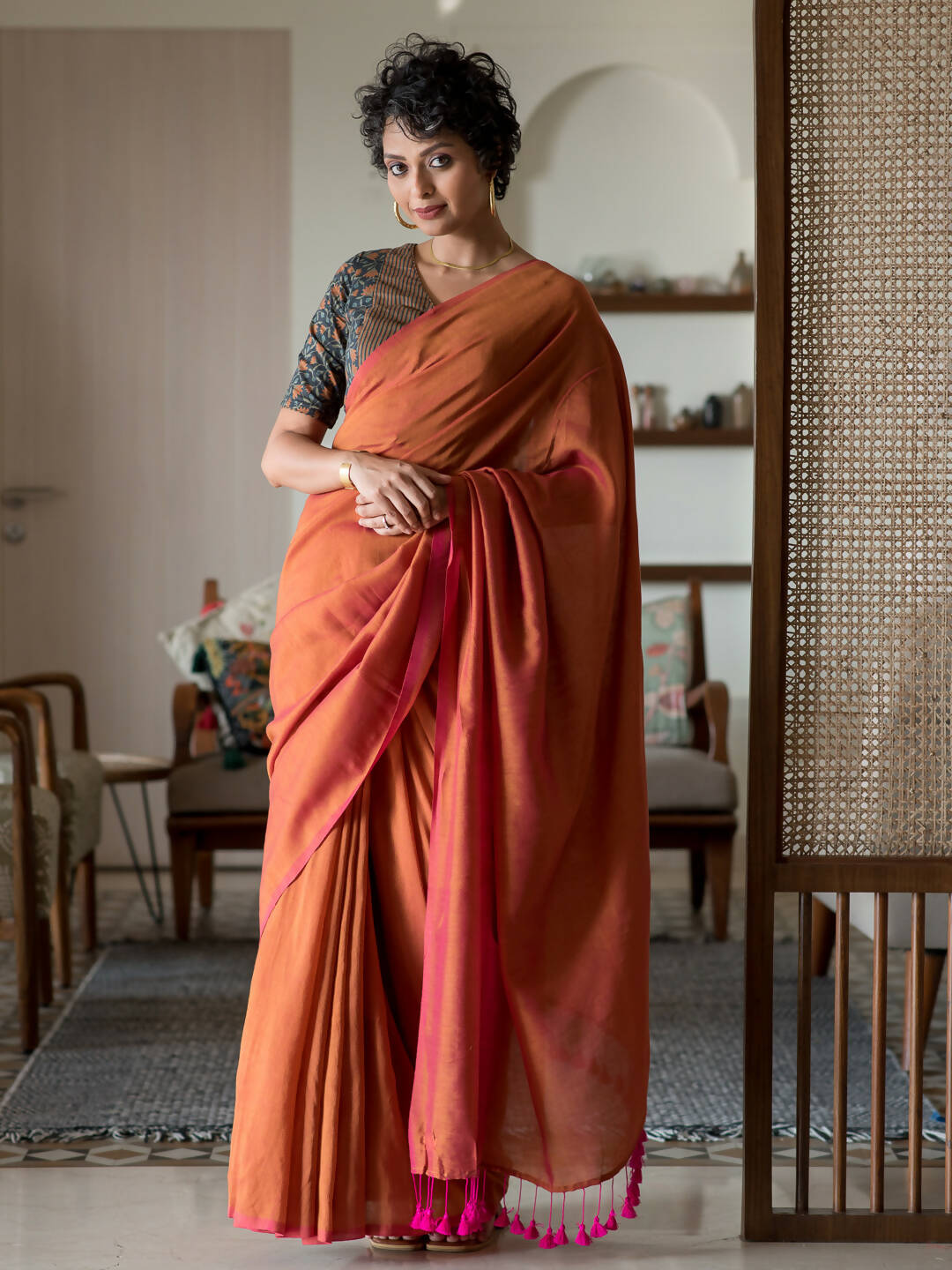 Suta Orange Solid Cotton Blend Saree | Grocsy