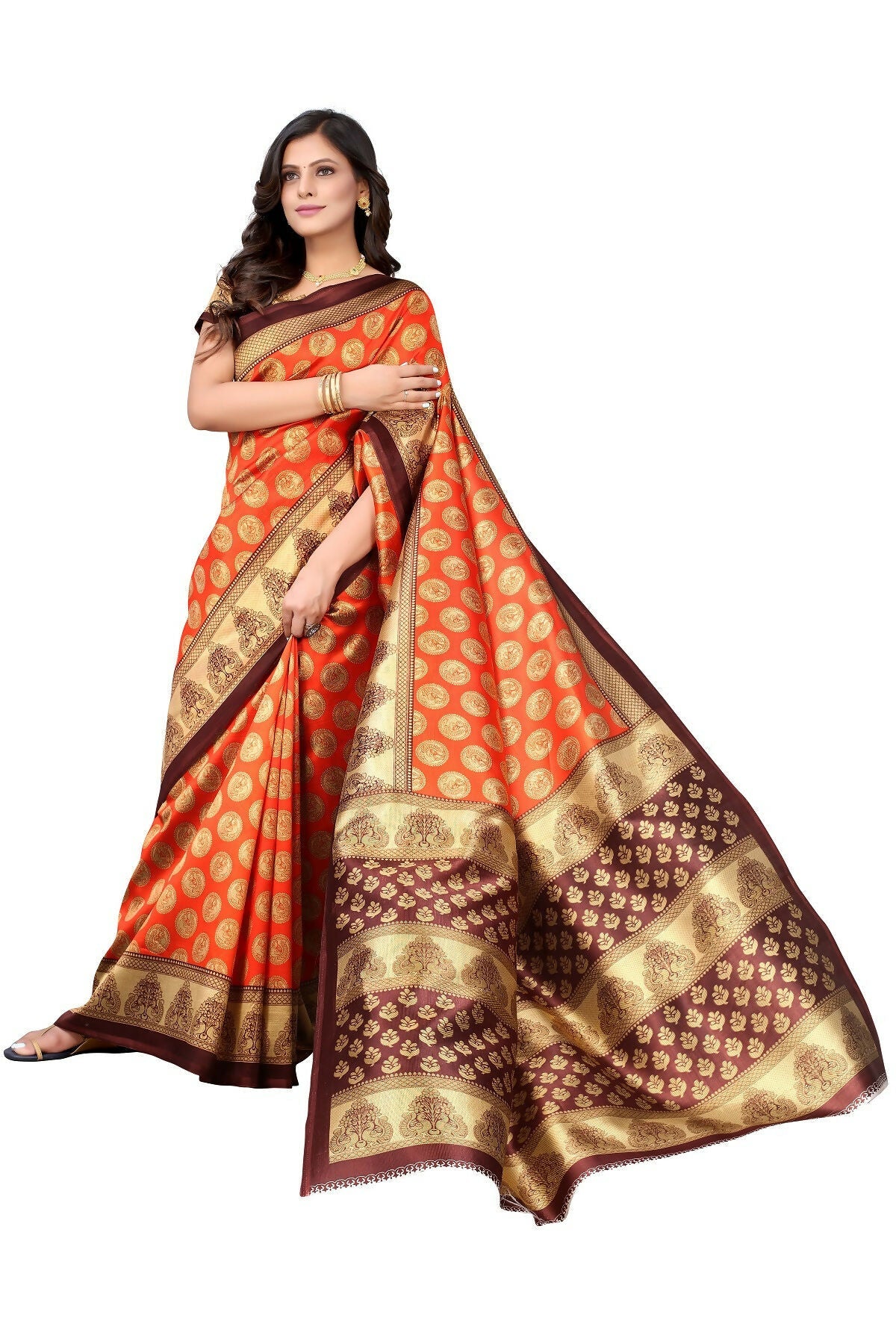 Vamika Orange Printed Art Silk Saree | Grocsy