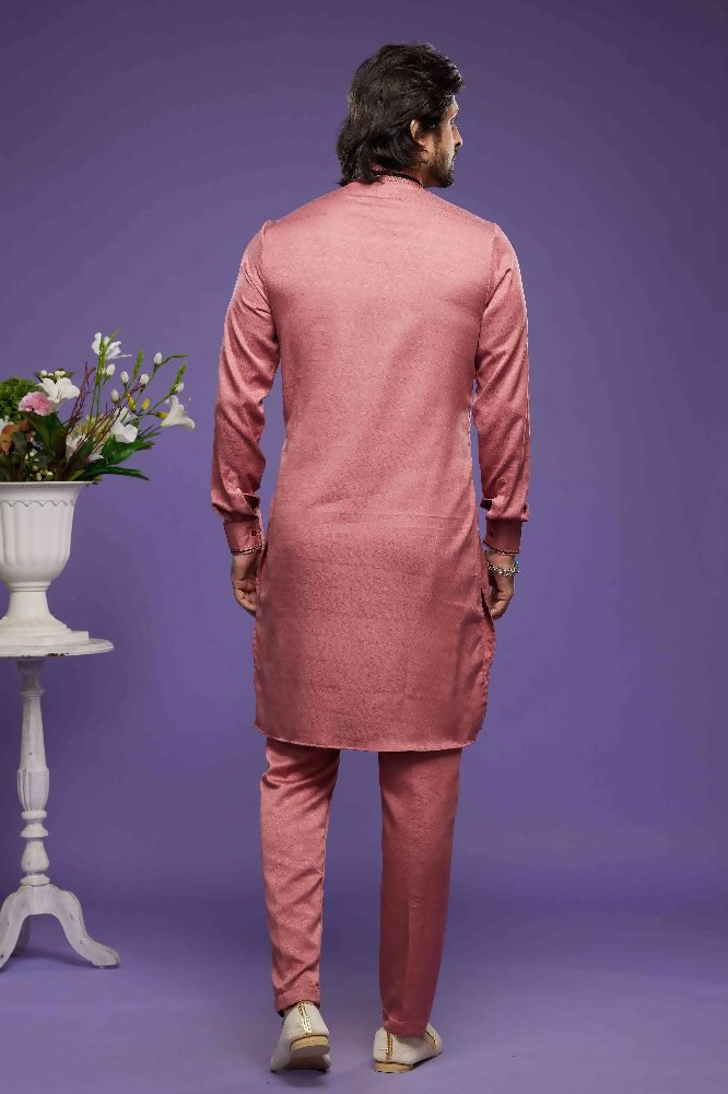 Raivat Ethnic Art Banarasi Silk Thread Work Kurta Pajama In Pink Colour | Grocsy