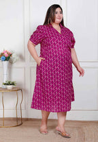 Miravan Plus Size Womens Magenta Floral Printed Cotton Dress With One Side Pocket | Grocsy