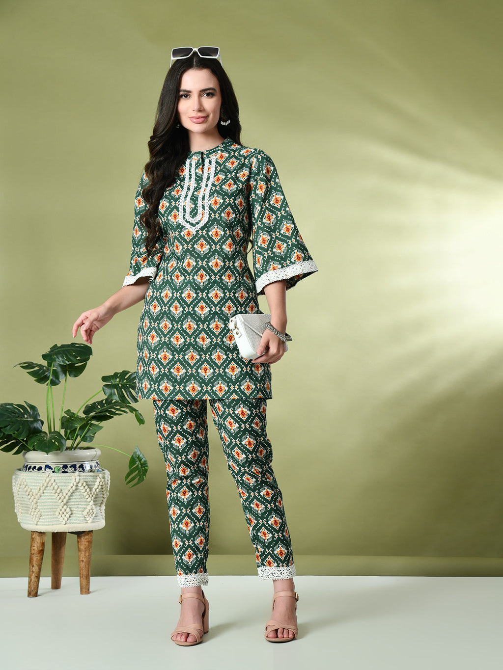 Myshka Women's Cotton Printed Co-ord set in Green Color | Grocsy