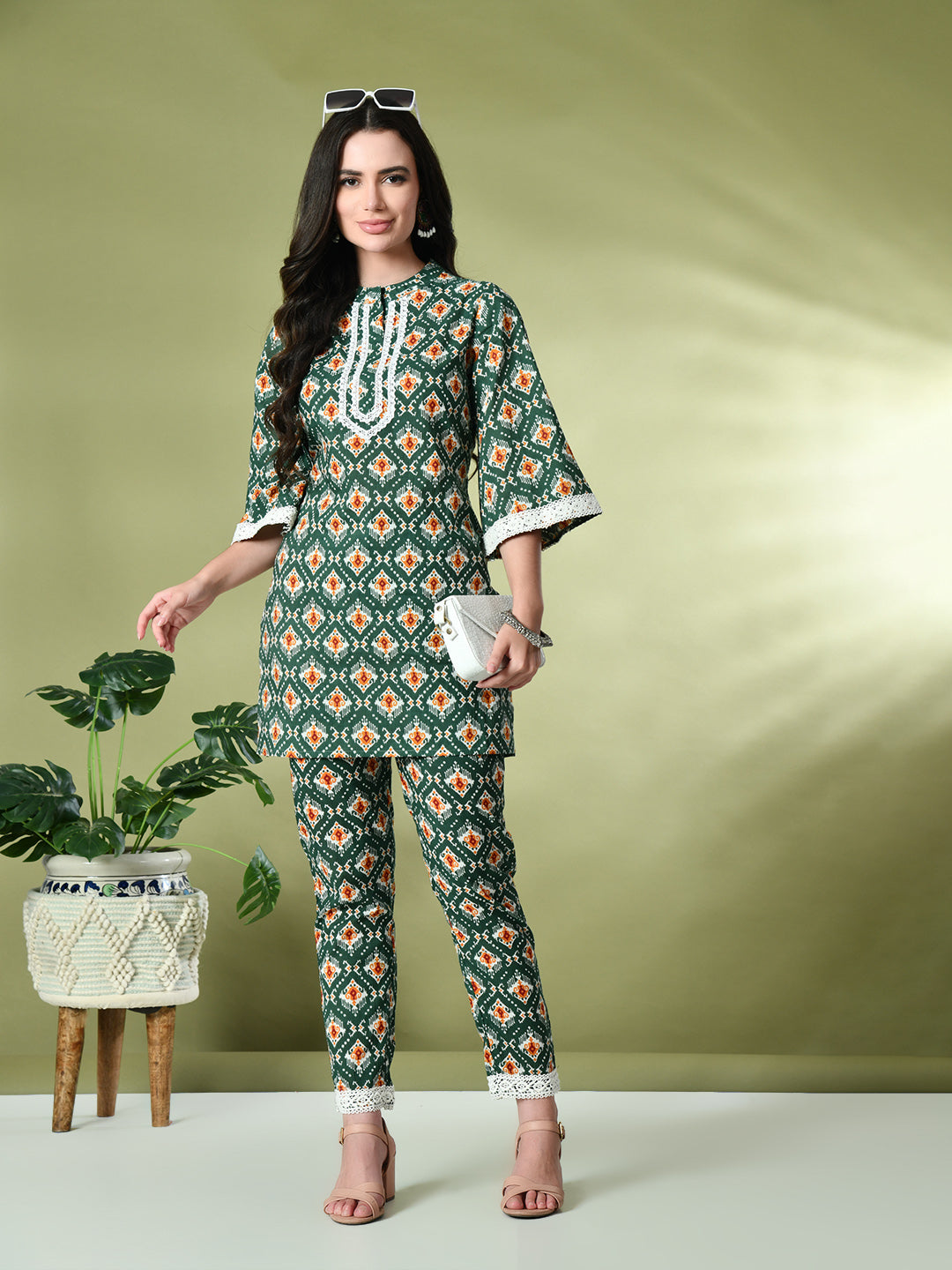 Myshka Women's Cotton Printed Co-ord set in Green Color | Grocsy
