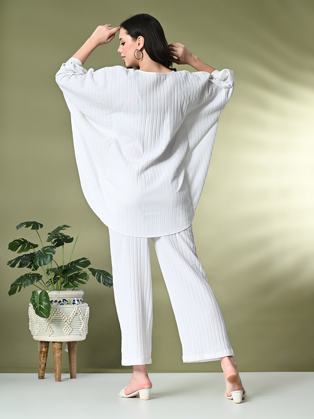 Myshka Women's Self Design Kaftan Style Co-ord set in White Color | Grocsy