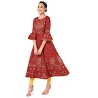 Aniyah Cotton Gold Print Flared Anarkali Kurta Maroon (AN-162K) | Grocsy