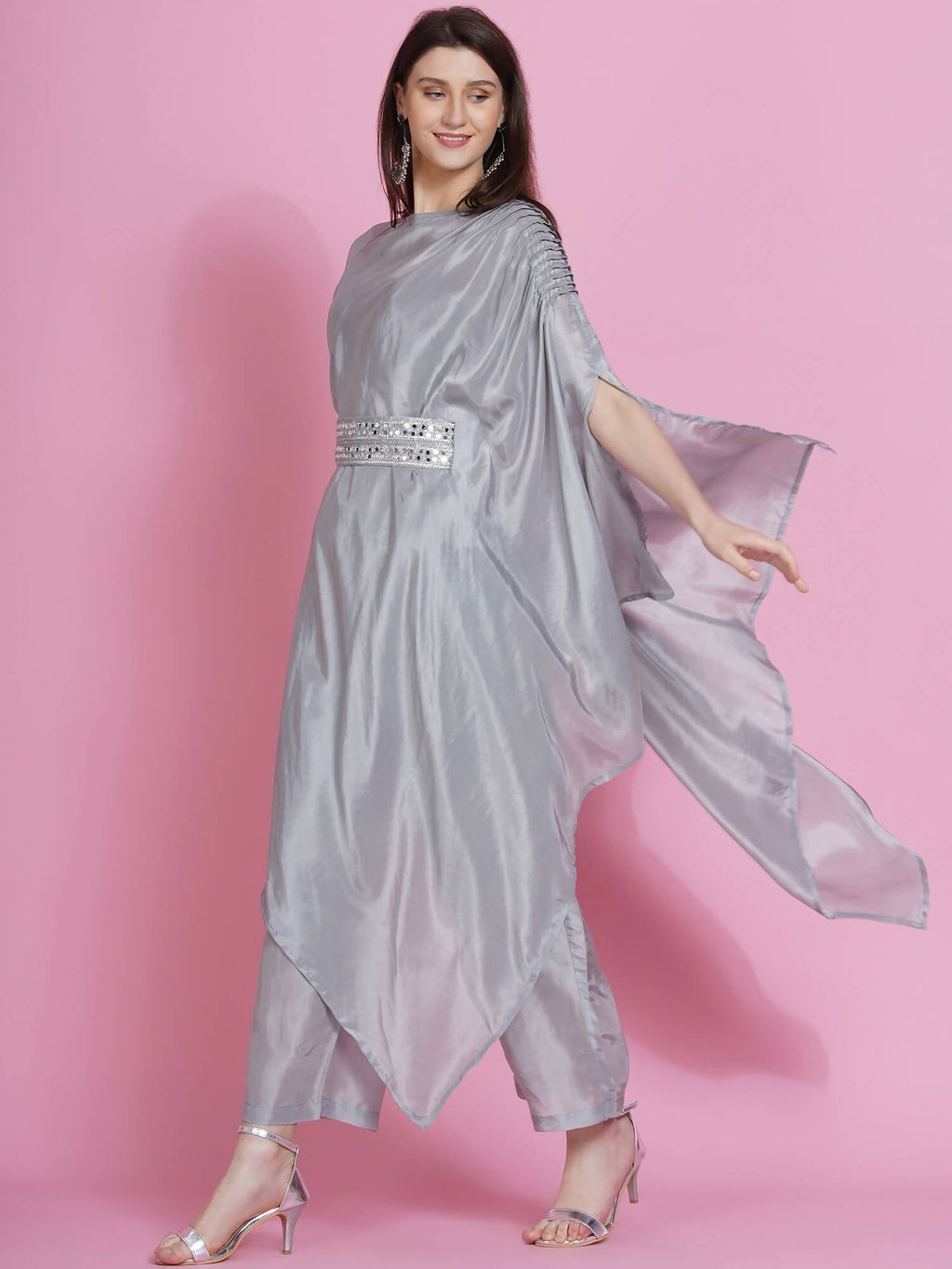 Women Republic Grey Opara Silk Kurta With Belt And Palazzo | Grocsy