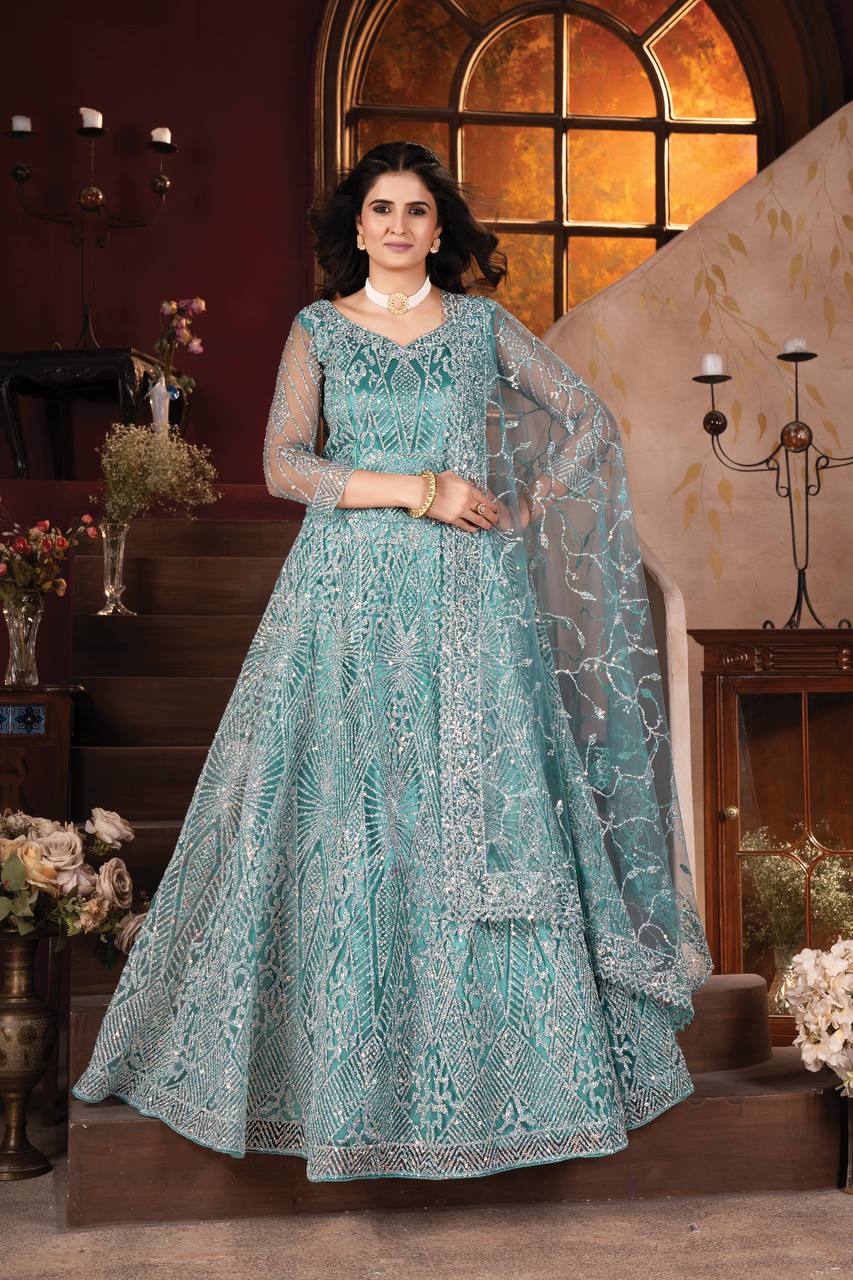 Lehenga Mart Designer Aqua Bollywood Style Bridal Lehenga Choli - Aqua-Blue | Grocsy