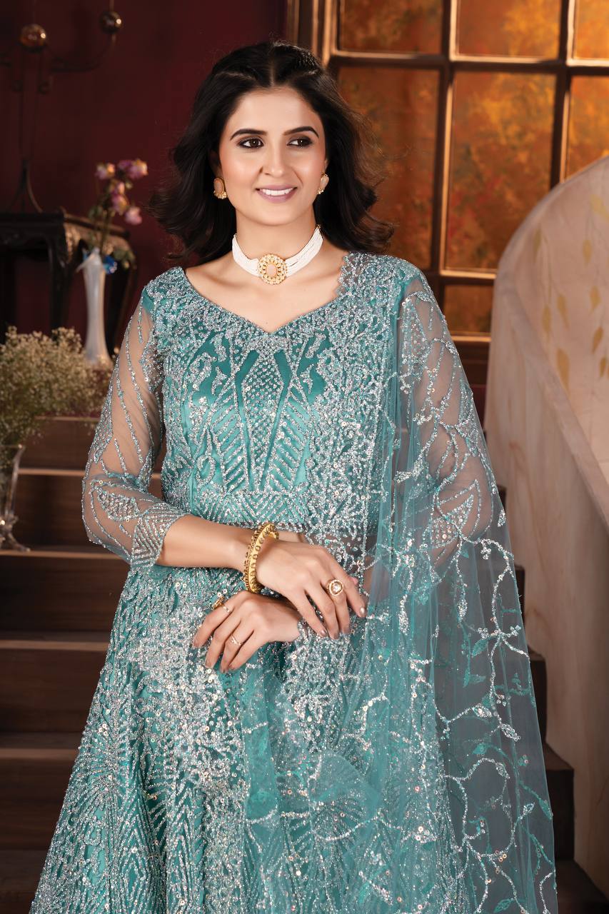 Lehenga Mart Designer Aqua Bollywood Style Bridal Lehenga Choli - Aqua-Blue | Grocsy