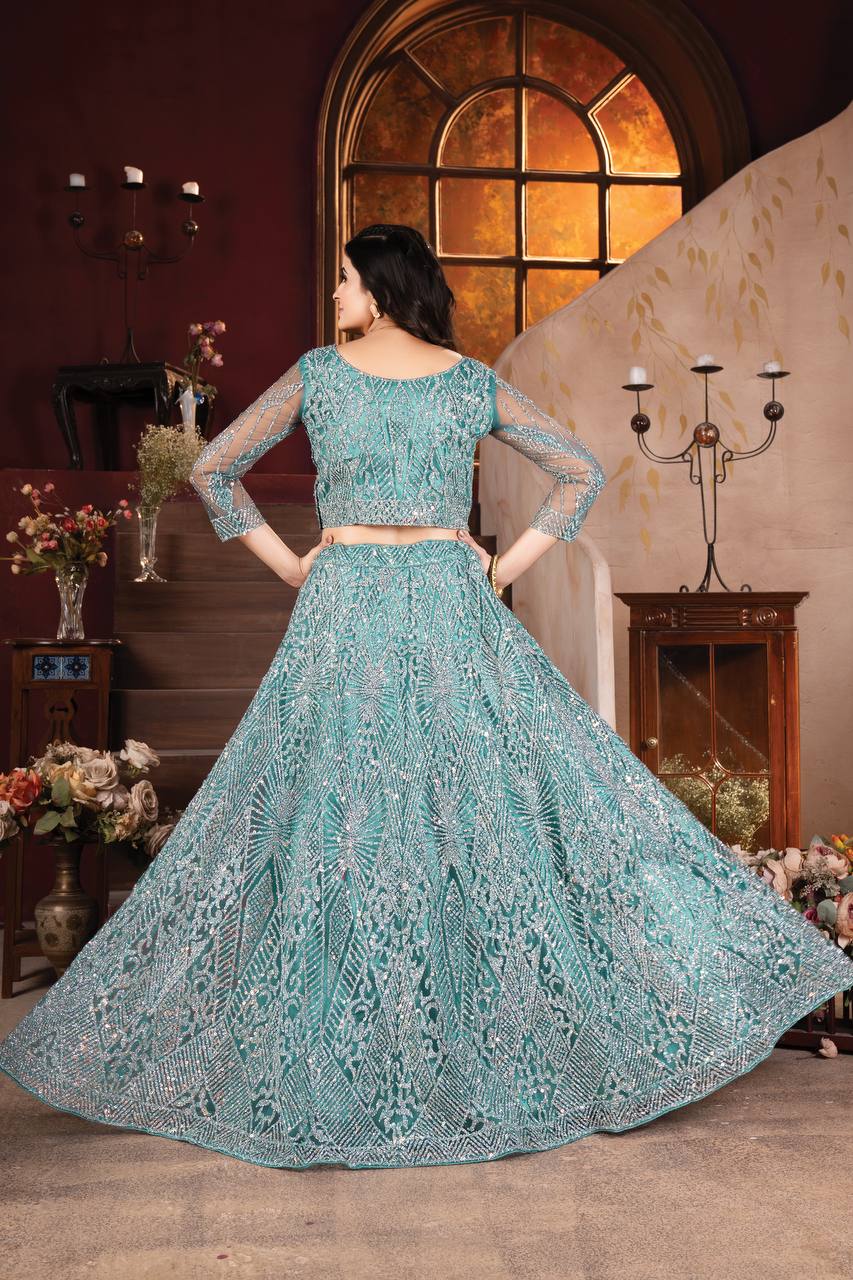 Lehenga Mart Designer Aqua Bollywood Style Bridal Lehenga Choli - Aqua-Blue | Grocsy