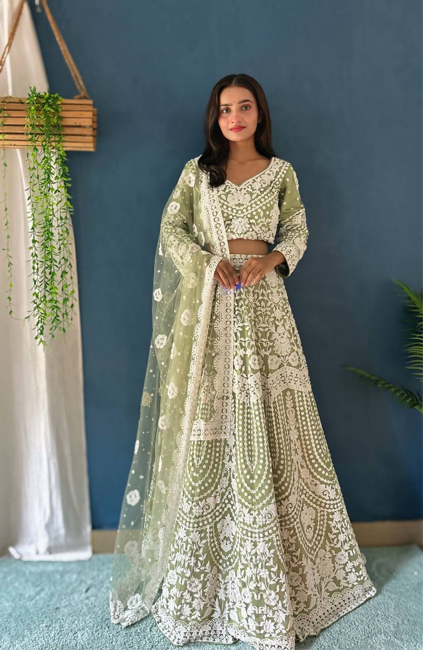 Lehenga Mart Designer Pista Bollywood Style Bridal Lehenga Choli - Light-Green | Grocsy
