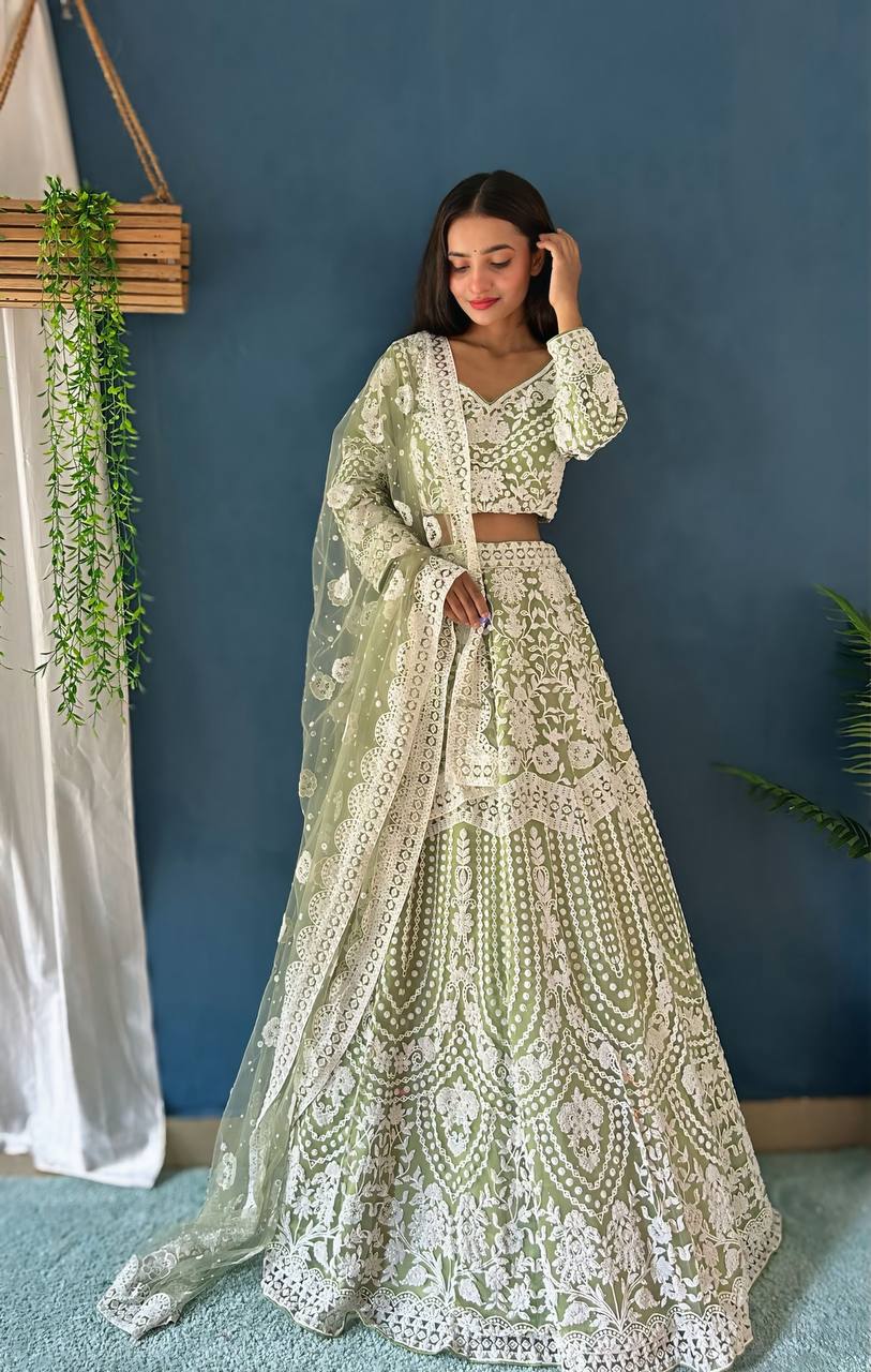 Lehenga Mart Designer Pista Bollywood Style Bridal Lehenga Choli - Light-Green | Grocsy