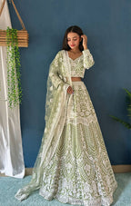Lehenga Mart Designer Pista Bollywood Style Bridal Lehenga Choli - Light-Green | Grocsy