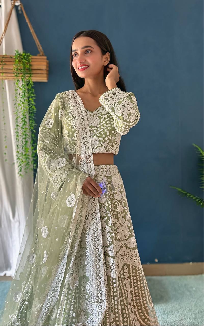 Lehenga Mart Designer Pista Bollywood Style Bridal Lehenga Choli - Light-Green | Grocsy