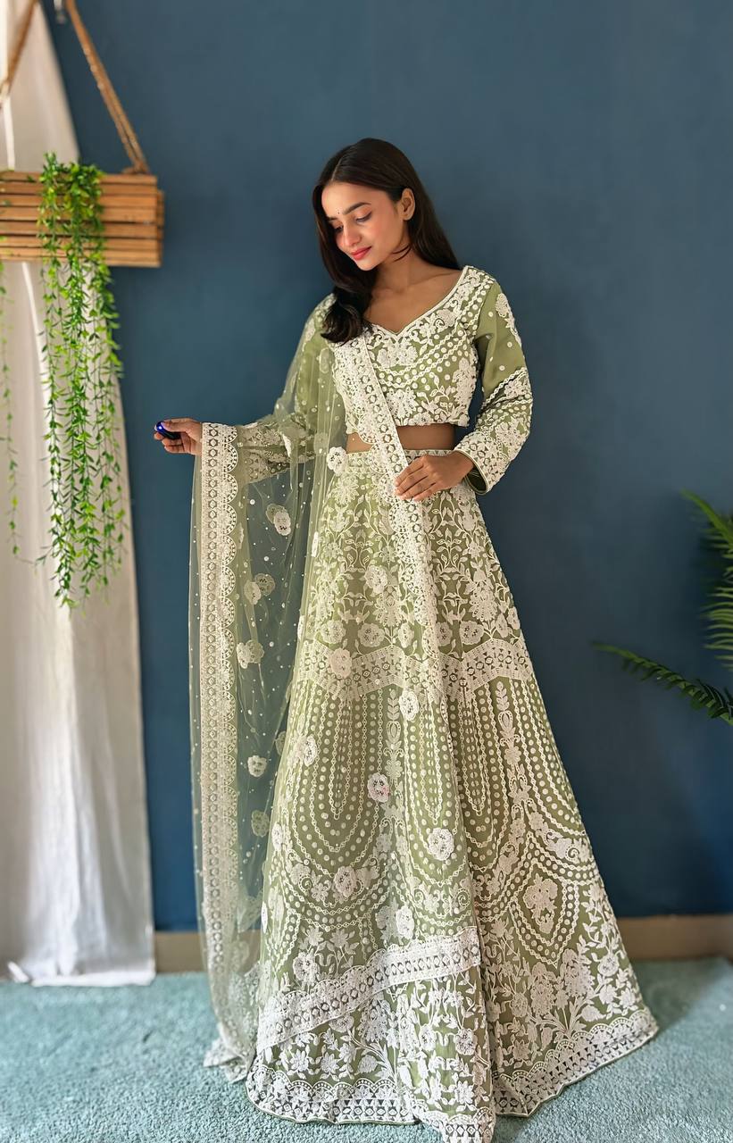 Lehenga Mart Designer Pista Bollywood Style Bridal Lehenga Choli - Light-Green | Grocsy