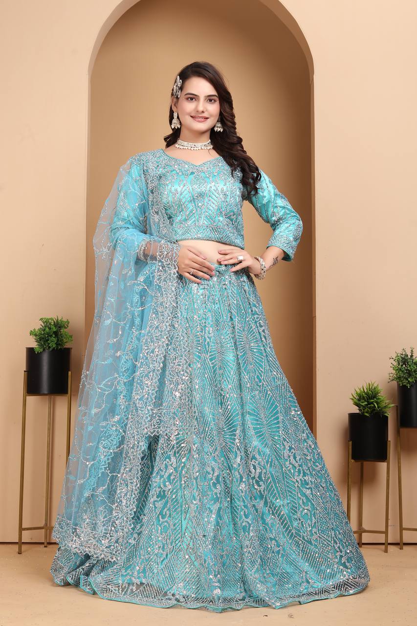 Lehenga Mart Designer Bollywood Style Wedding Wear Lehenga Choli - Aqua-Blue | Grocsy