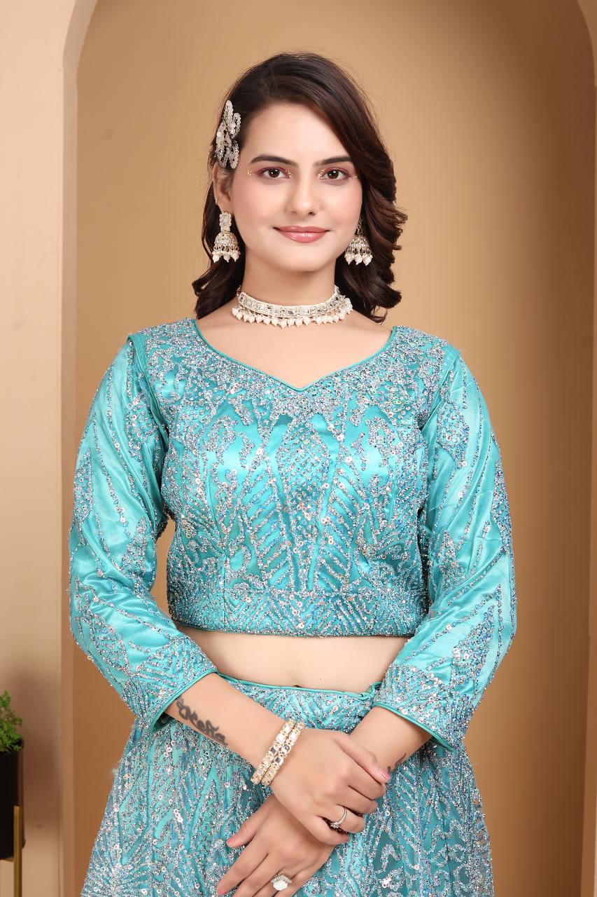 Lehenga Mart Designer Bollywood Style Wedding Wear Lehenga Choli - Aqua-Blue | Grocsy