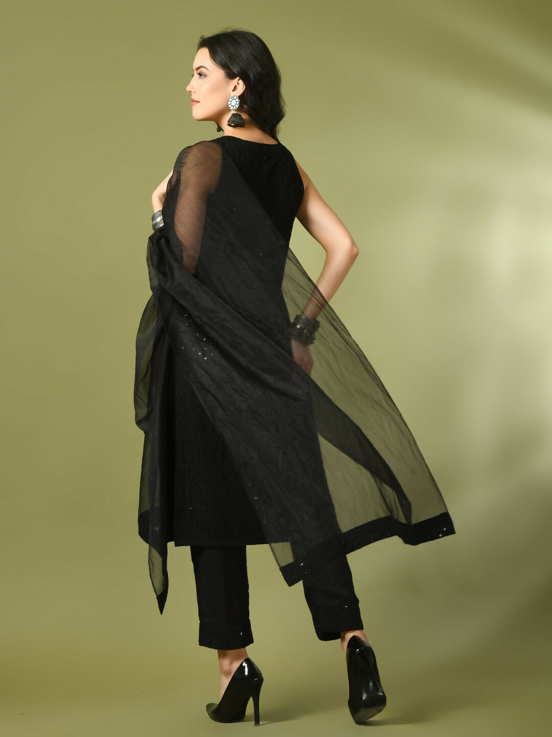 Myshka Women's Black Embroidered Cotton Straight Party Kurta Set With Dupatta | Grocsy
