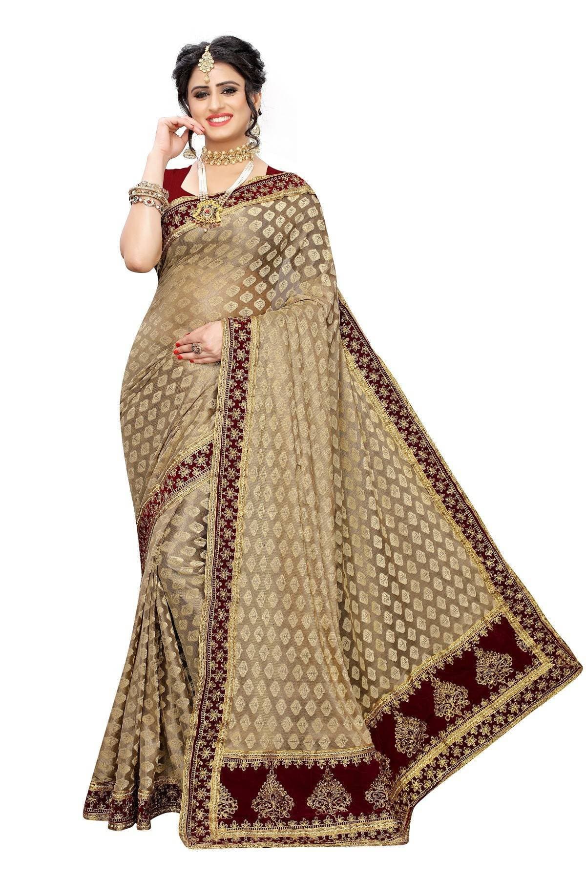 Vamika Brown and Maroon Terry Cotton Embroidery Saree | Grocsy
