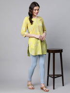 Ahalyaa Women Yellow Pure Cotton Glitter Print Tunic | Grocsy
