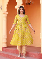 Alvano Printed Naira Cut Kurti Kurti with Pant and Dupatta Set for Women's and Girls Cotton | Grocsy