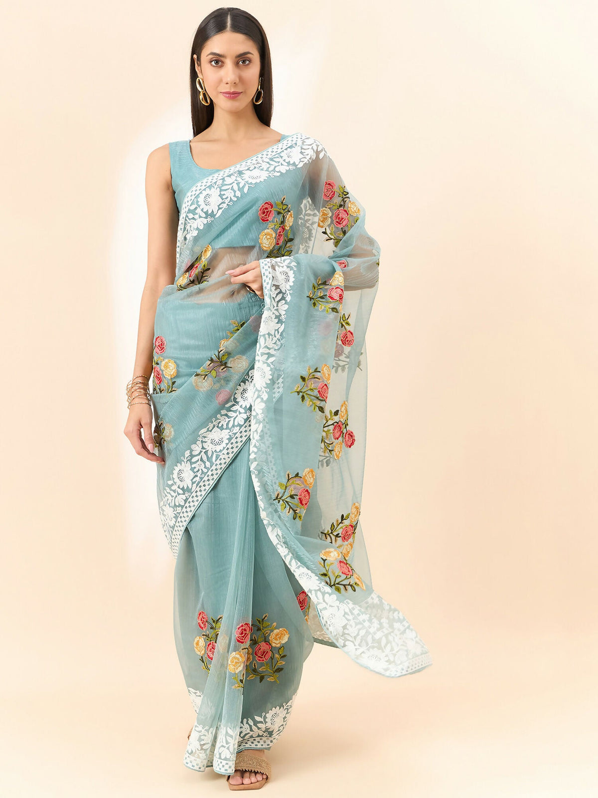 Blue Organza Floral Embroidered Saree with Unstitched Blouse Piece - Roozal | Grocsy