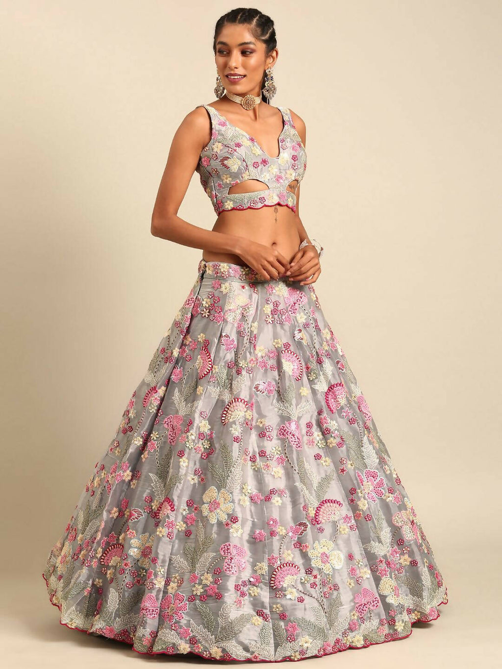 House of Panchhi Grey Organza Sequins and Zarkan embroidery Lehenga choli & Dupatta | Grocsy