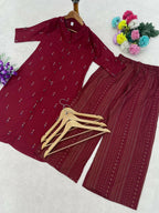 Teeya Creation Elegant Red Cotton Kurta Set Featuring Button Detail And Printed Palazzos | Grocsy