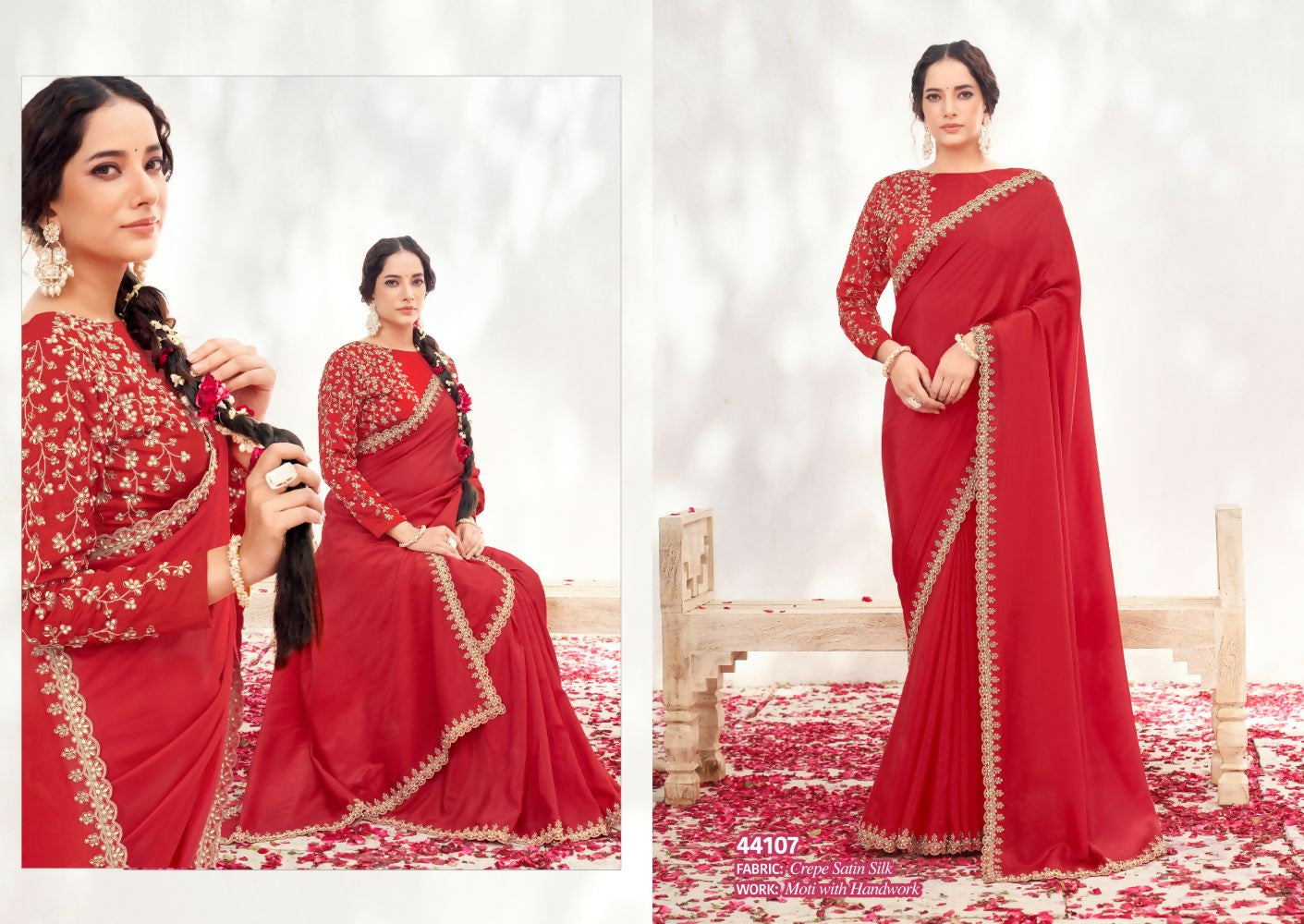 Red Crepe Satin Silk Handwork Saree with Unstitched Blouse - Norita Varya | Grocsy