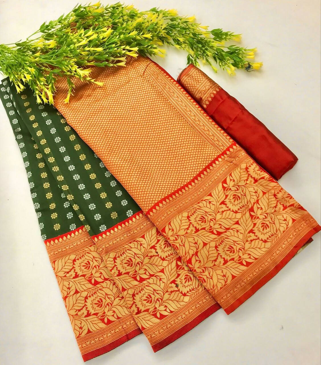 DEIANA'S Beautiful Designer Golden zari Soft Lichi Silk Saree - Green | Grocsy