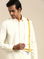 Ramraj Cotton Mens Wedding Cream Regular Dhoti, Shirt & Towel Set Subhakalyan 1/2" | Grocsy