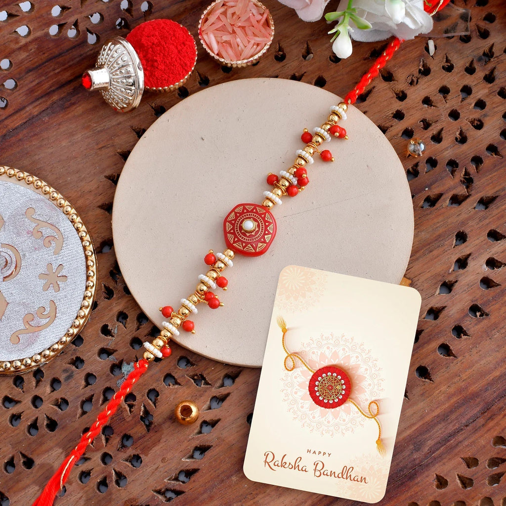 trueBrowns X Voylla Men's Red Enamelled White Pearls Thread Rakhi For Brother | Grocsy